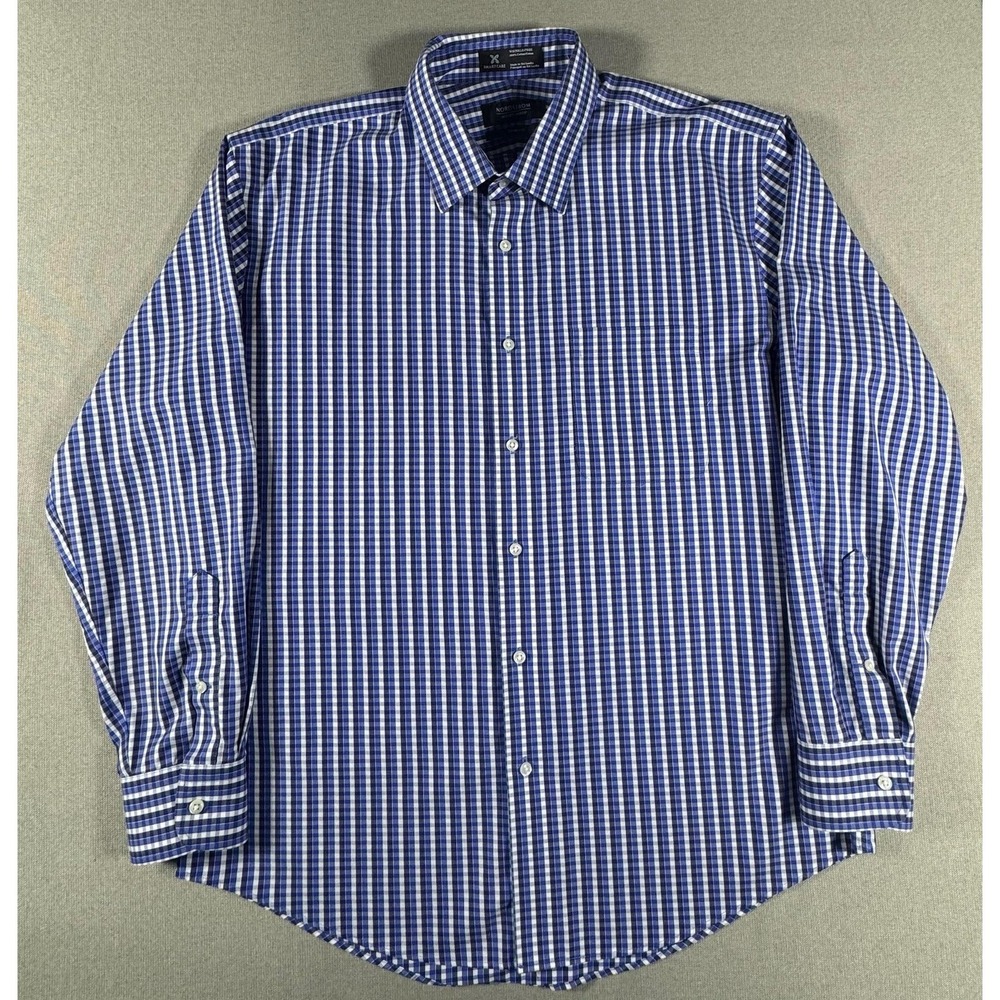 Nordstrom Mens Shop Dress Shirt 16.5 32/33 Blue Gingham Trim‎ Fit Smartcare LS